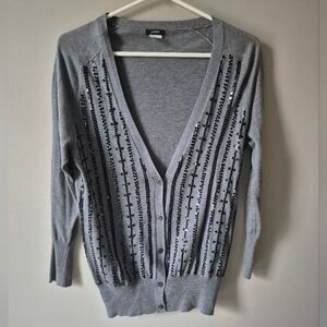 J Crew Pima Cotton Wool Blend Gray Knit Cardigan Black Sequins Medium